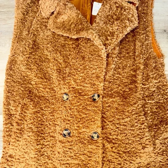 Free People Cozy Time Teddy Longline Vest Cashew Sherpa Duster Coat